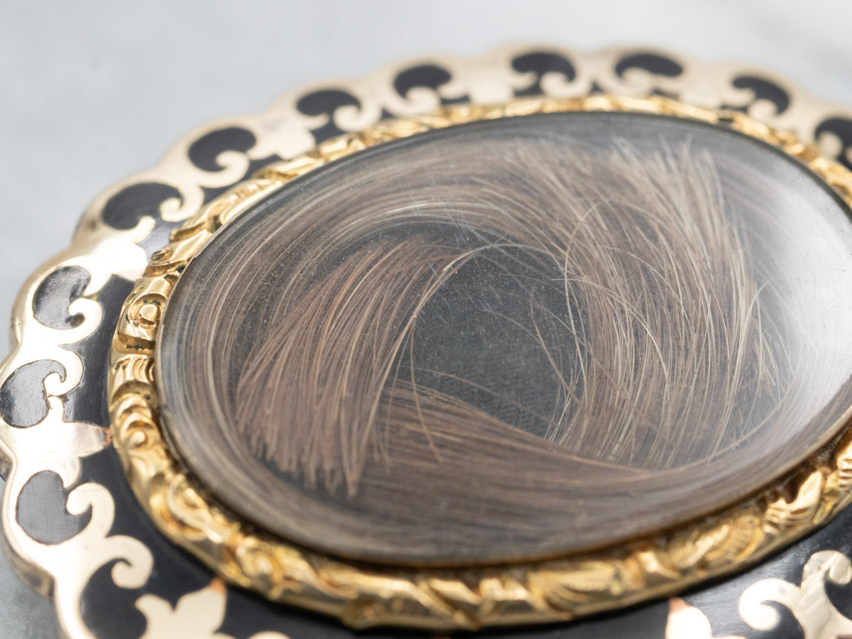 Victorian Era Mourning Brooch with Black Enamel and Woven Hair