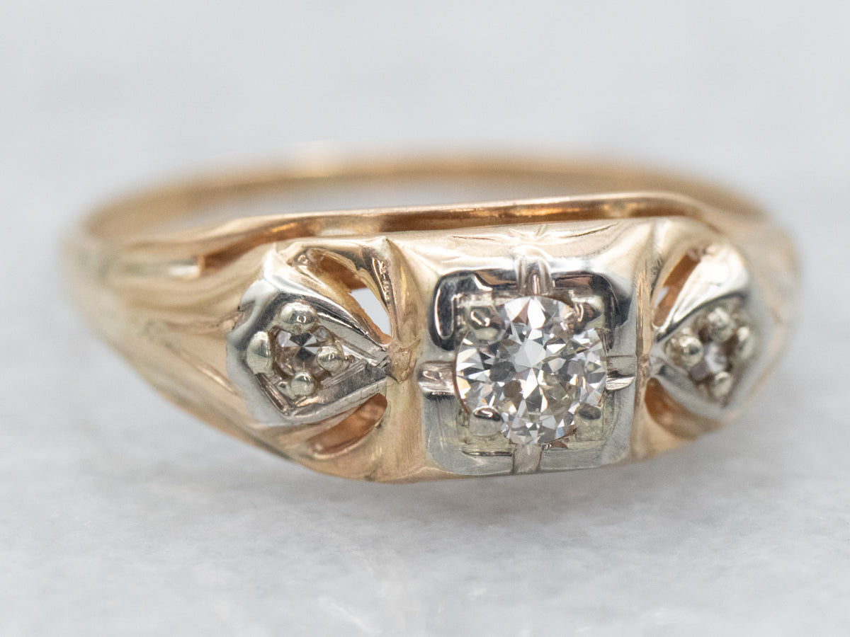 Two Tone Yellow and White Gold Diamond Engagement Ring with Diamond Accents