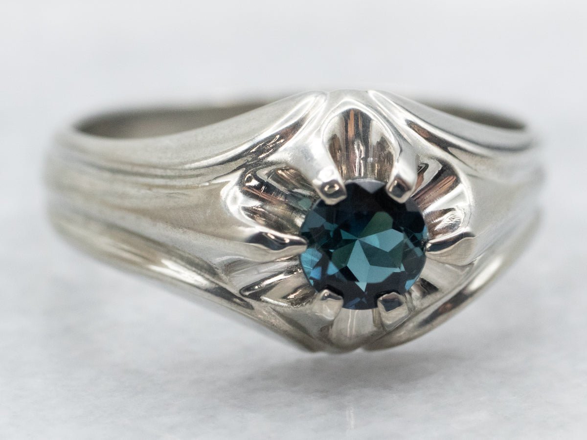 White Gold Belcher Set Round Cut Indicolite Tourmaline Solitaire Ring