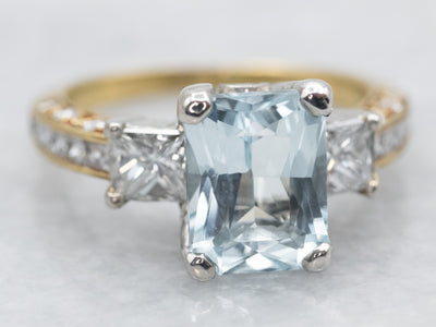 Mixed Metal Yellow Gold and Platinum Blue Topaz Ring with Diamond Accents