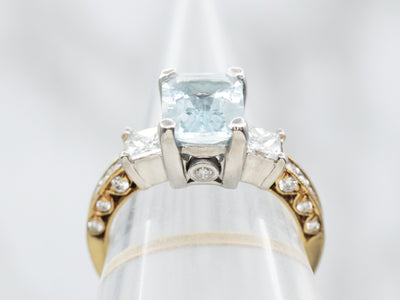 Mixed Metal Yellow Gold and Platinum Blue Topaz Ring with Diamond Accents