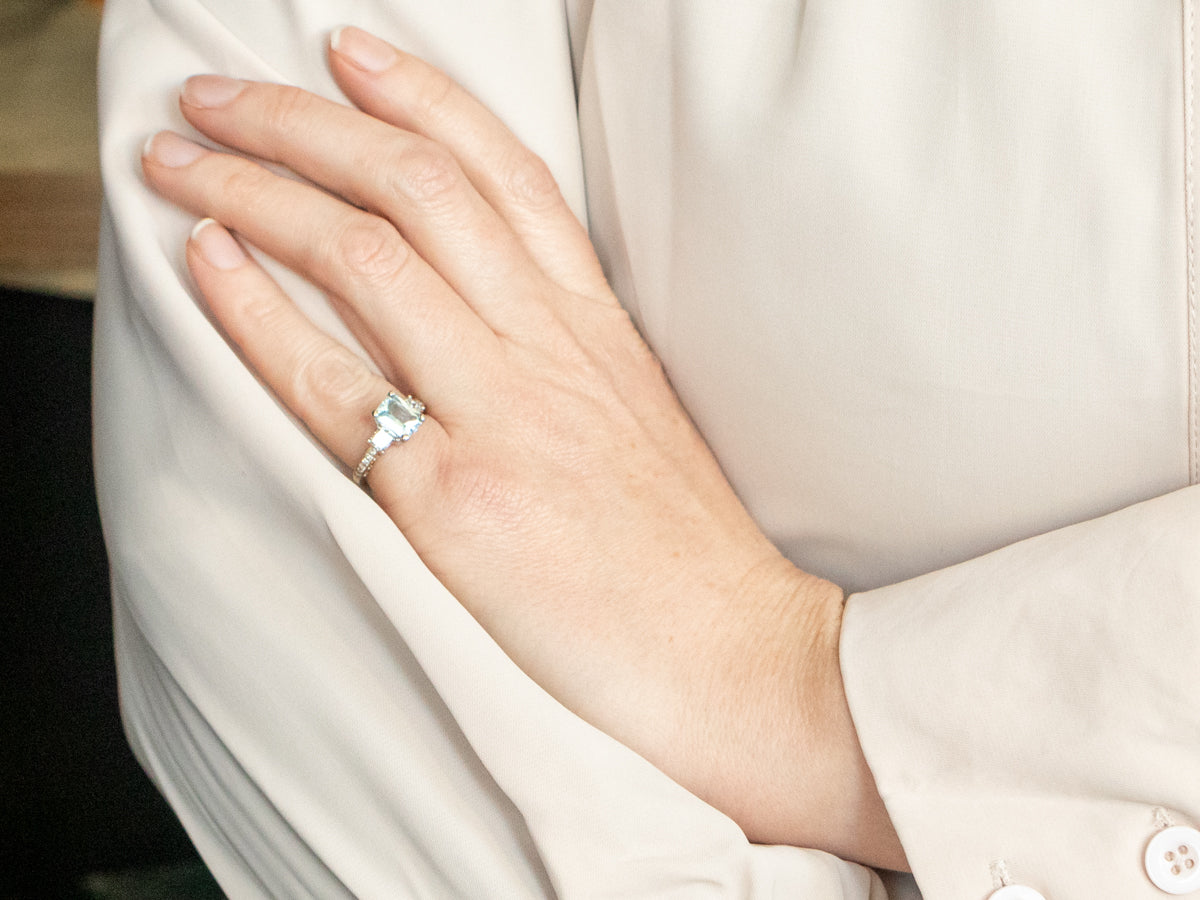 Mixed Metal Yellow Gold and Platinum Blue Topaz Ring with Diamond Accents