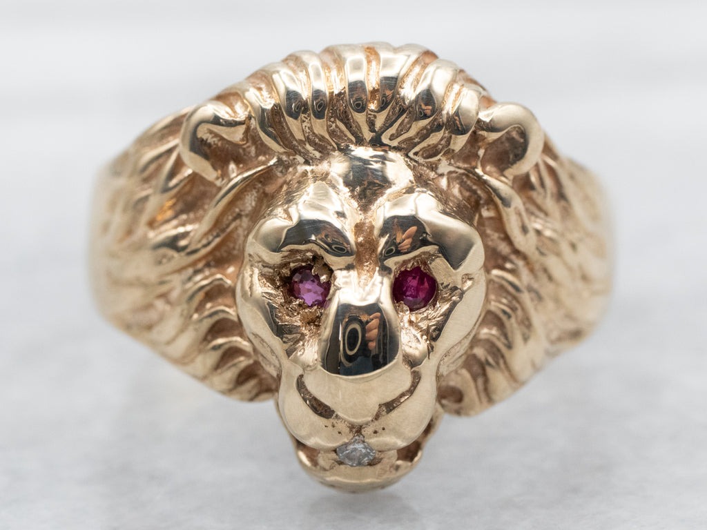 Yellow Gold Lion Ring with Ruby Eyes and Diamond in Mouth