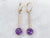 Two Tone Yellow and Rose Gold Round Cut Amethyst Bar Drop Earrings