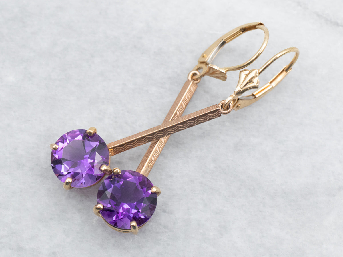 Two Tone Yellow and Rose Gold Round Cut Amethyst Bar Drop Earrings