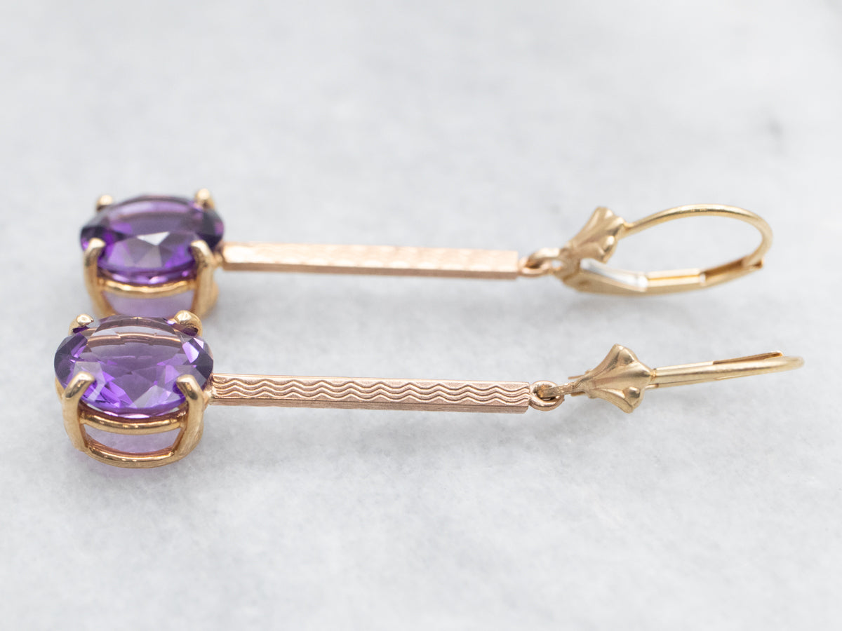 Two Tone Yellow and Rose Gold Round Cut Amethyst Bar Drop Earrings