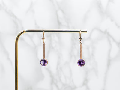 Two Tone Yellow and Rose Gold Round Cut Amethyst Bar Drop Earrings