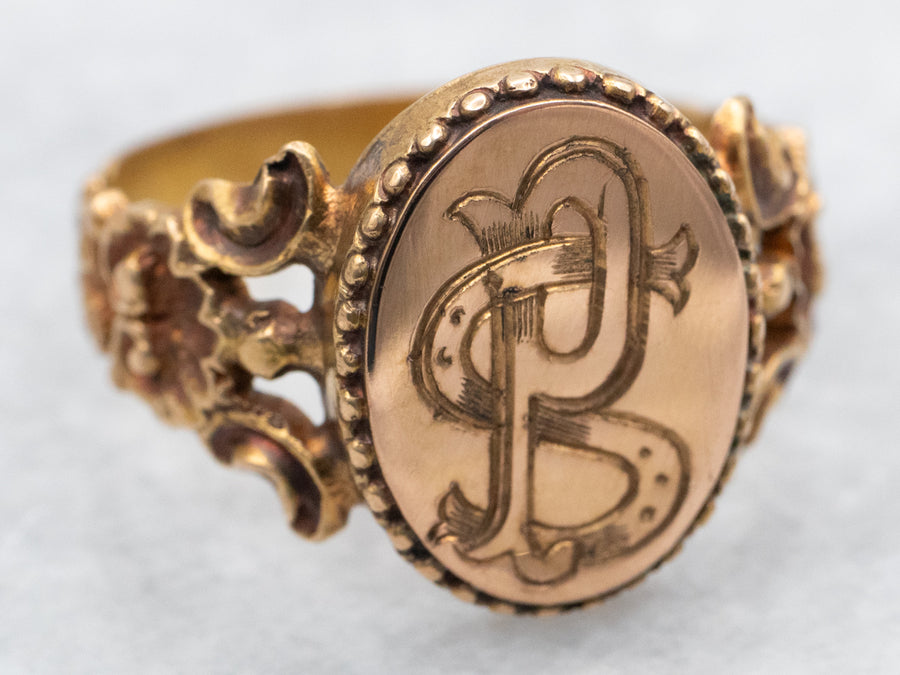 800 Gold "PS" Engraved Signet Ring with Ornate Shoulders