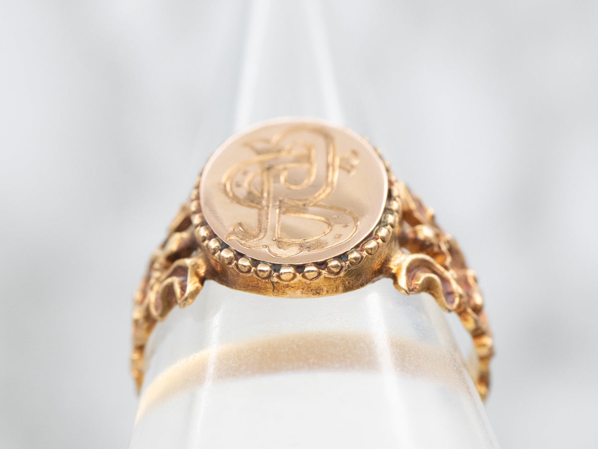 800 Gold "PS" Engraved Signet Ring with Ornate Shoulders