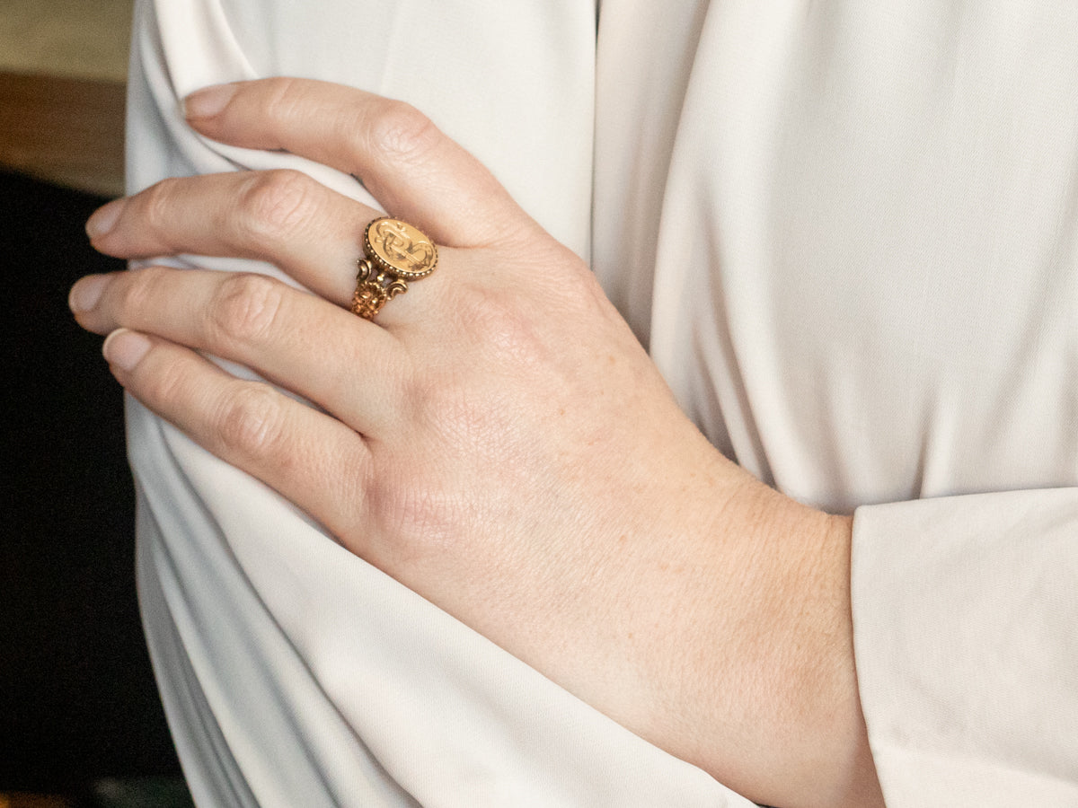 800 Gold "PS" Engraved Signet Ring with Ornate Shoulders