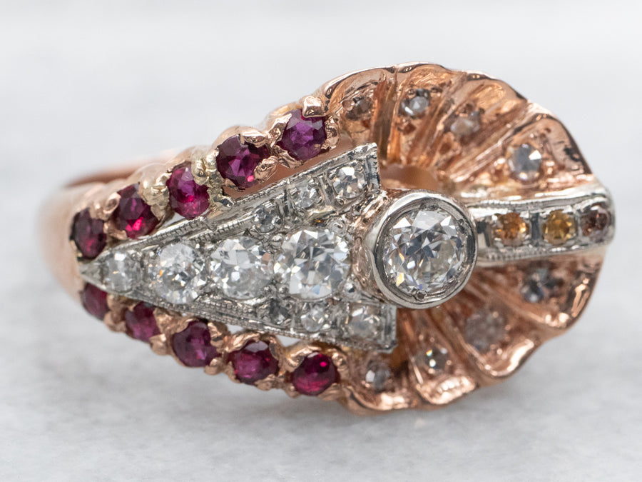 Mixed Metal Rose Gold and Platinum European Cut Diamond Ring with Ruby, Diamond, and Orange Diamond Accents