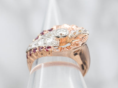 Mixed Metal Rose Gold and Platinum European Cut Diamond Ring with Ruby, Diamond, and Orange Diamond Accents
