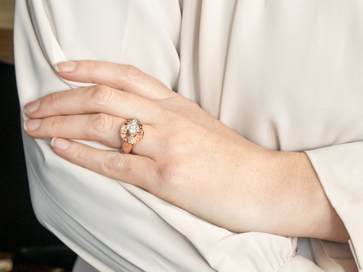 Mixed Metal Rose Gold and Platinum European Cut Diamond Ring with Ruby, Diamond, and Orange Diamond Accents