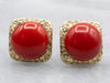 Yellow Gold Round Cut Coral Cabochon Stud Earrings