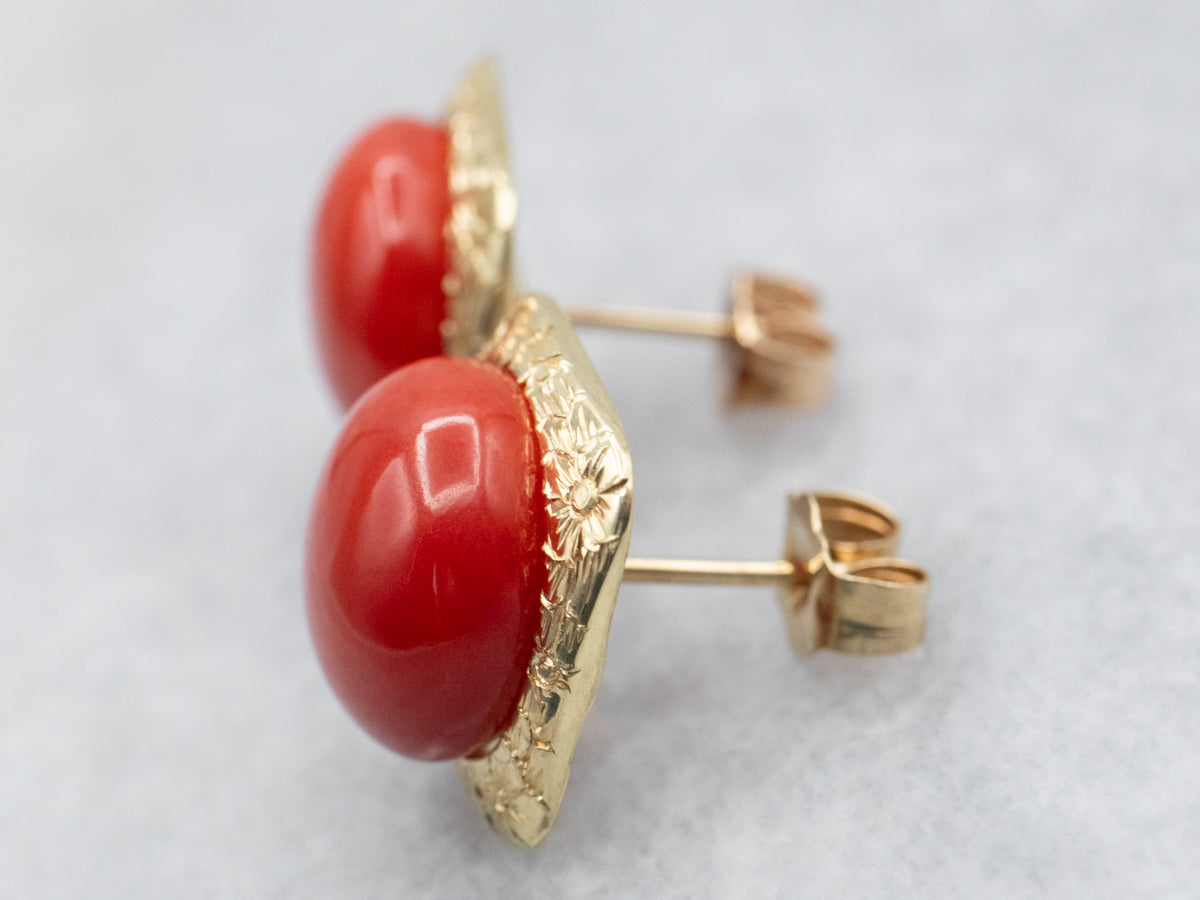 Yellow Gold Round Cut Coral Cabochon Stud Earrings