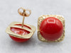 Yellow Gold Round Cut Coral Cabochon Stud Earrings