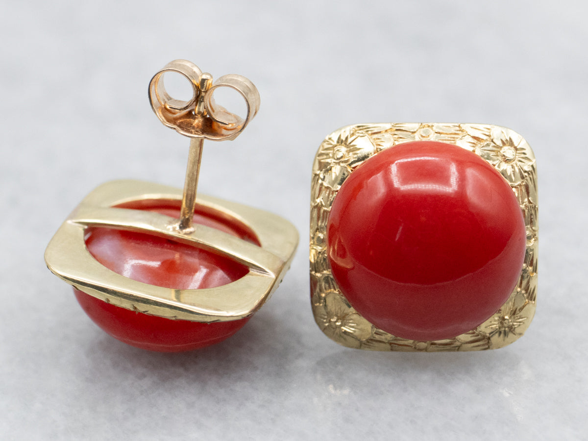 Yellow Gold Round Cut Coral Cabochon Stud Earrings
