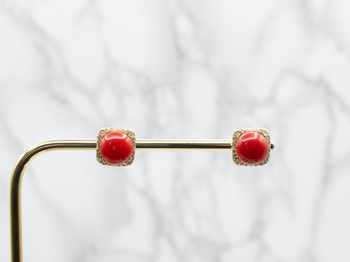 Yellow Gold Round Cut Coral Cabochon Stud Earrings
