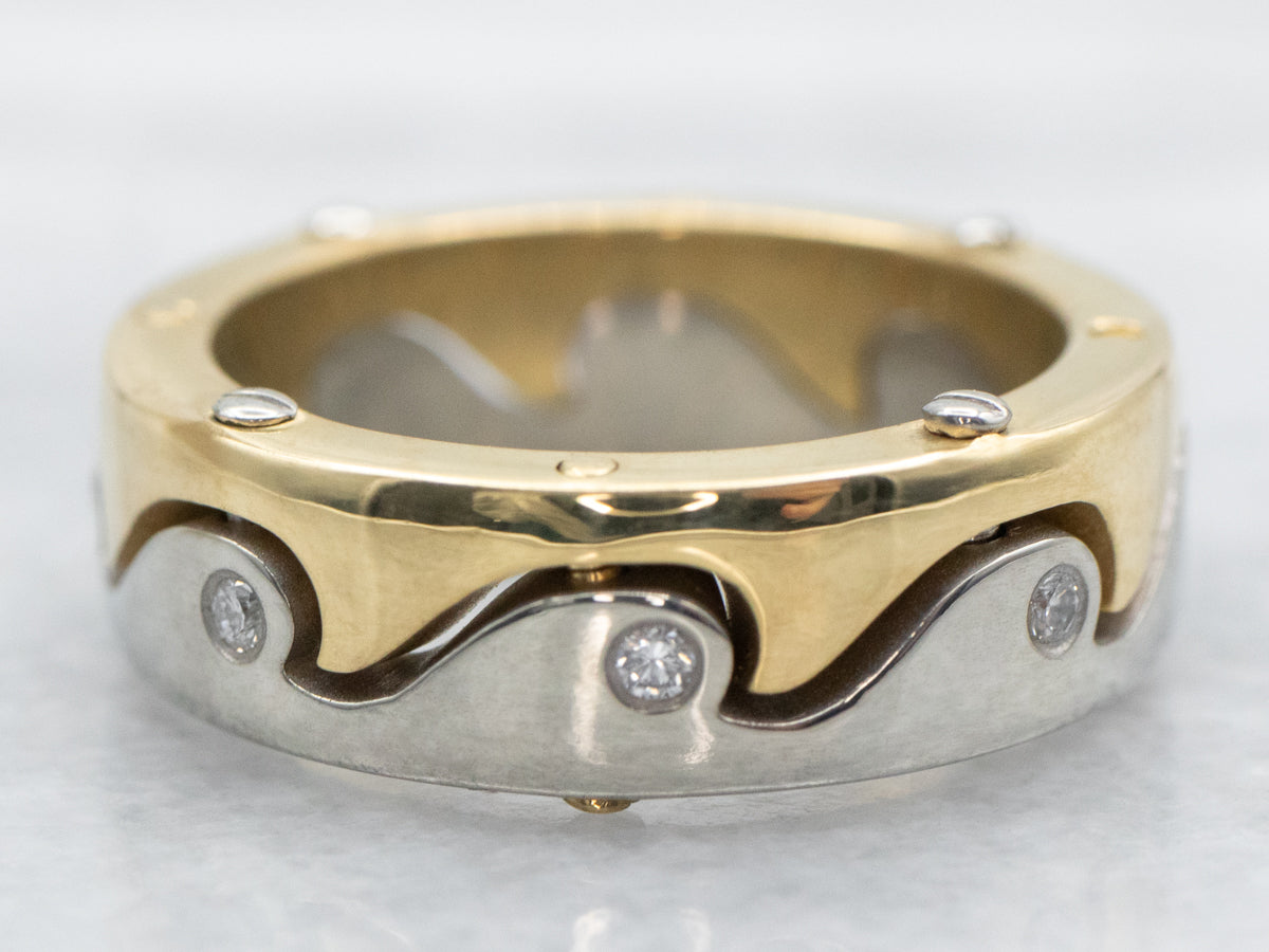 Modern Two Tone Gold Diamond Wave Pattern Band