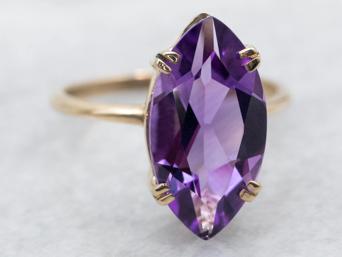 Yellow Gold Marquise Cut Amethyst Solitaire Ring