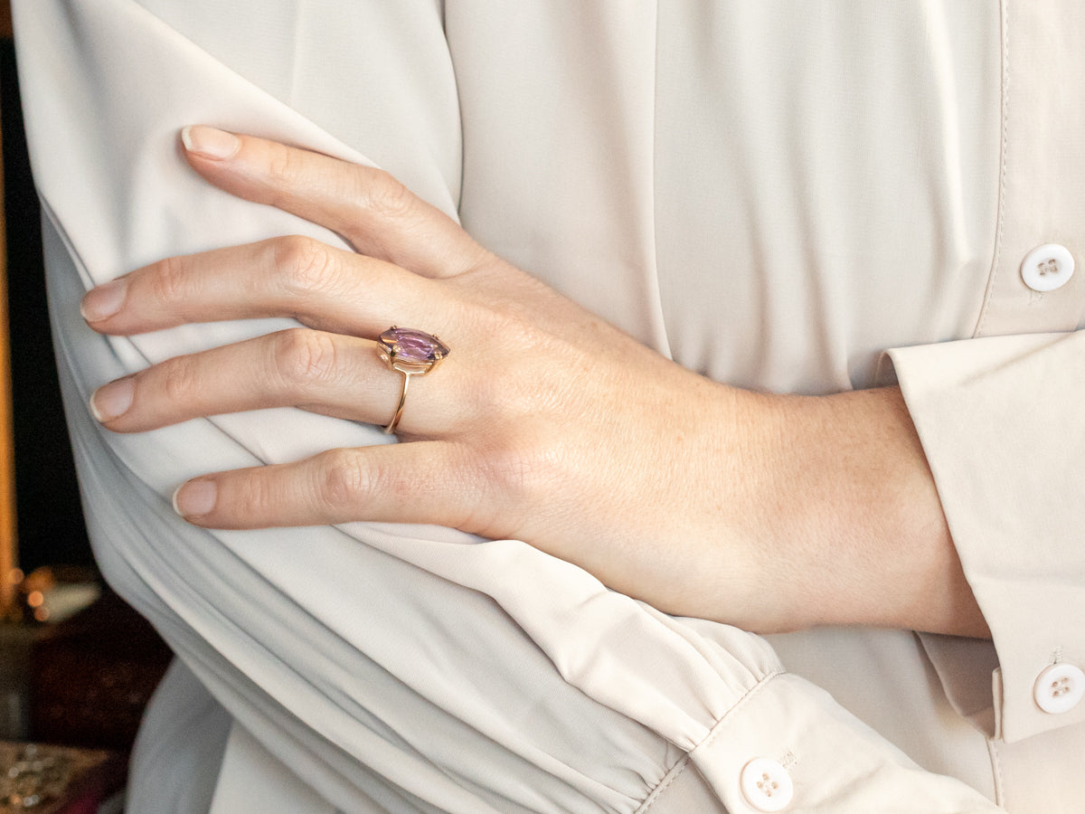 Yellow Gold Marquise Cut Amethyst Solitaire Ring