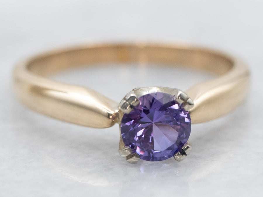 Two Tone Yellow and White Gold Round Cut Purple Sapphire Solitaire Ring