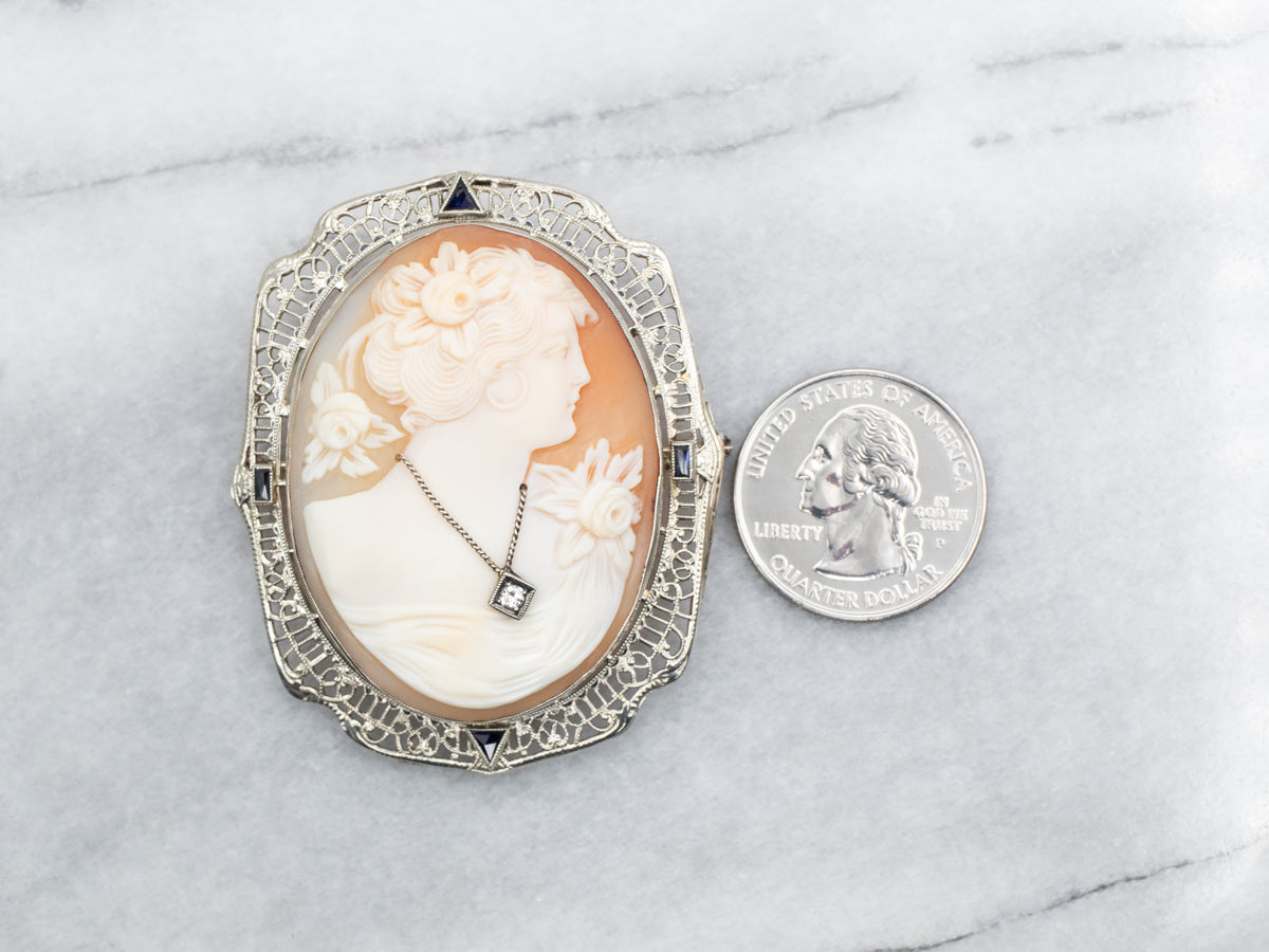 Cameo, Diamond, and Sapphire Brooch or Pendant