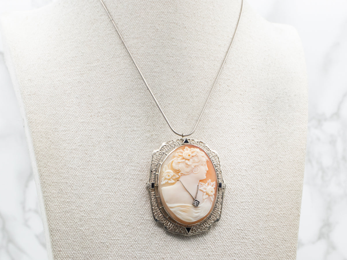 Cameo, Diamond, and Sapphire Brooch or Pendant