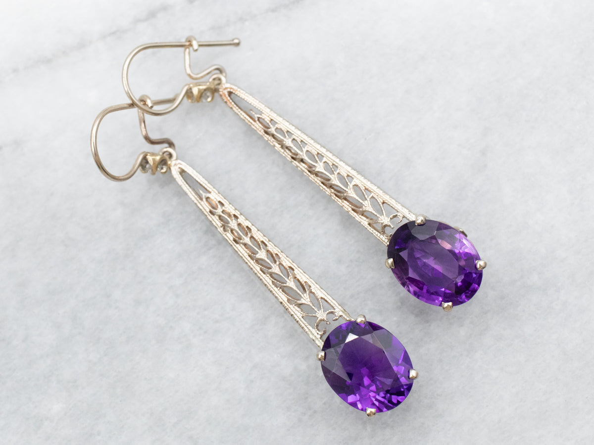Long Amethyst and Diamond Drop Earrings