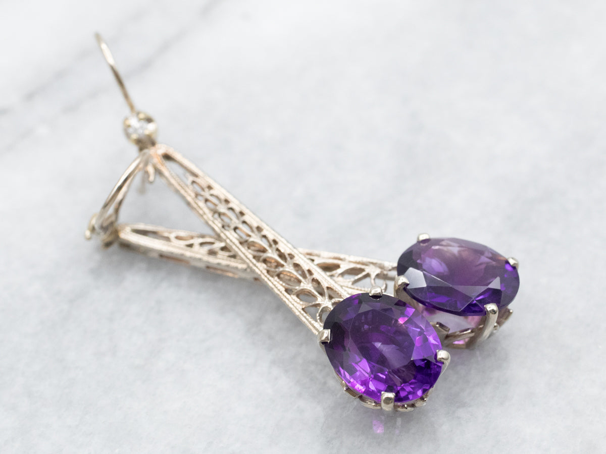 Long Amethyst and Diamond Drop Earrings