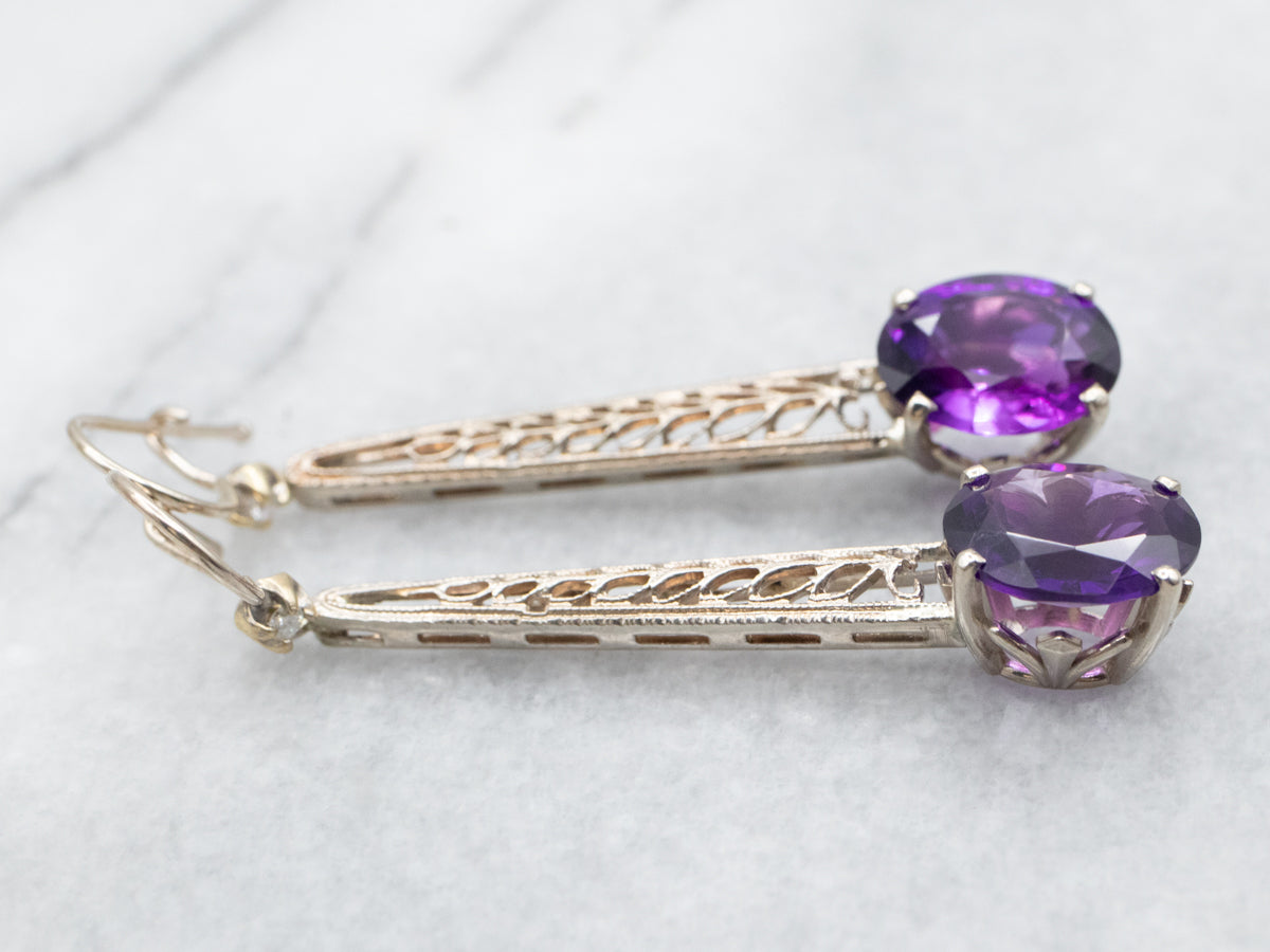 Long Amethyst and Diamond Drop Earrings