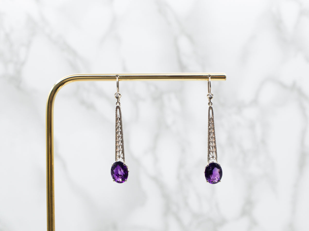 Long Amethyst and Diamond Drop Earrings