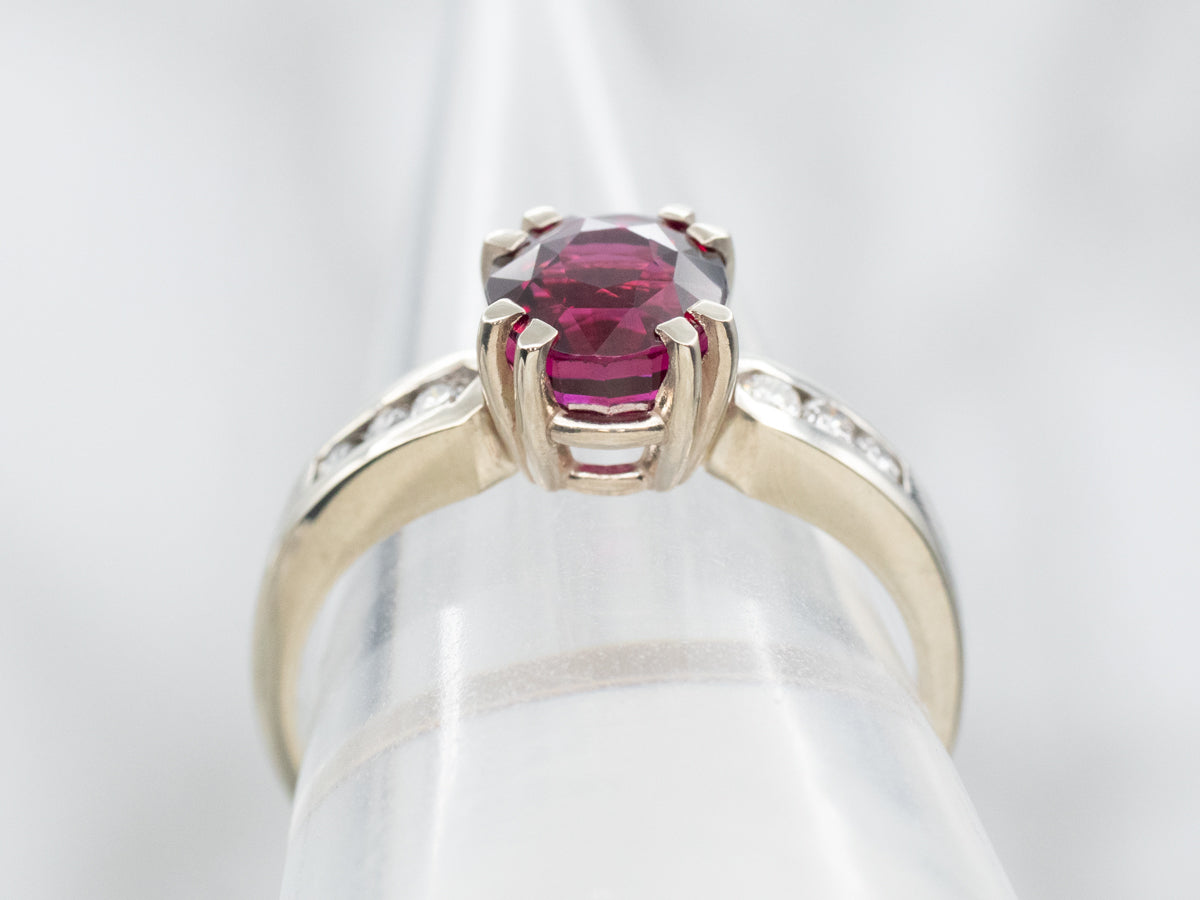 Modern Rhodolite Garnet Ring with Channel Set Diamond Accents