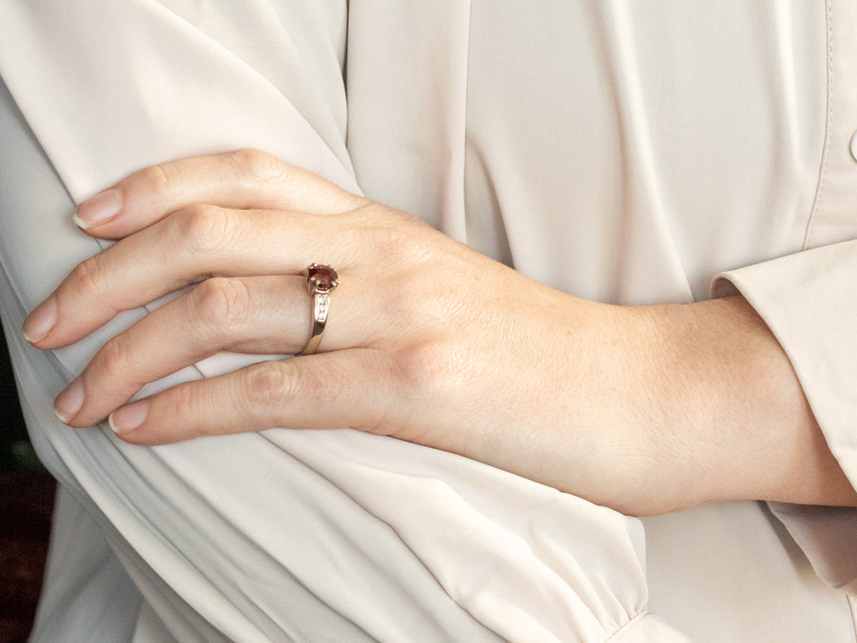 Modern Rhodolite Garnet Ring with Channel Set Diamond Accents