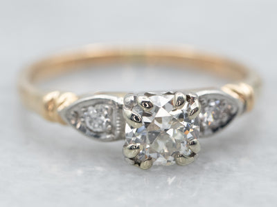 Yellow and White Gold European Cut Diamond Engagement Ring with Diamond Accents