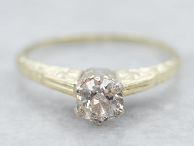 Green Gold Old Mine Cut Diamond Solitaire Engagement Ring with Etched Shoulders