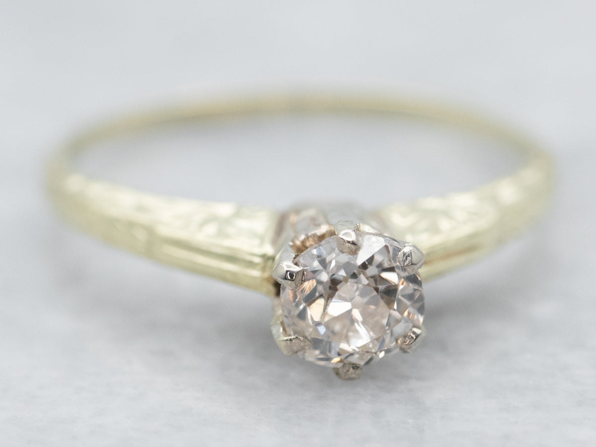Green Gold Old Mine Cut Diamond Solitaire Engagement Ring with Etched Shoulders
