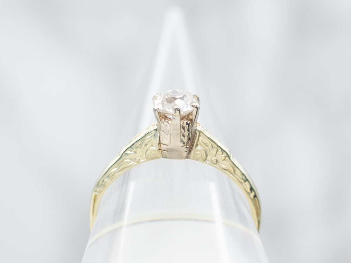 Green Gold Old Mine Cut Diamond Solitaire Engagement Ring with Etched Shoulders