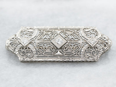 White Gold Art Deco European Cut Diamond Brooch