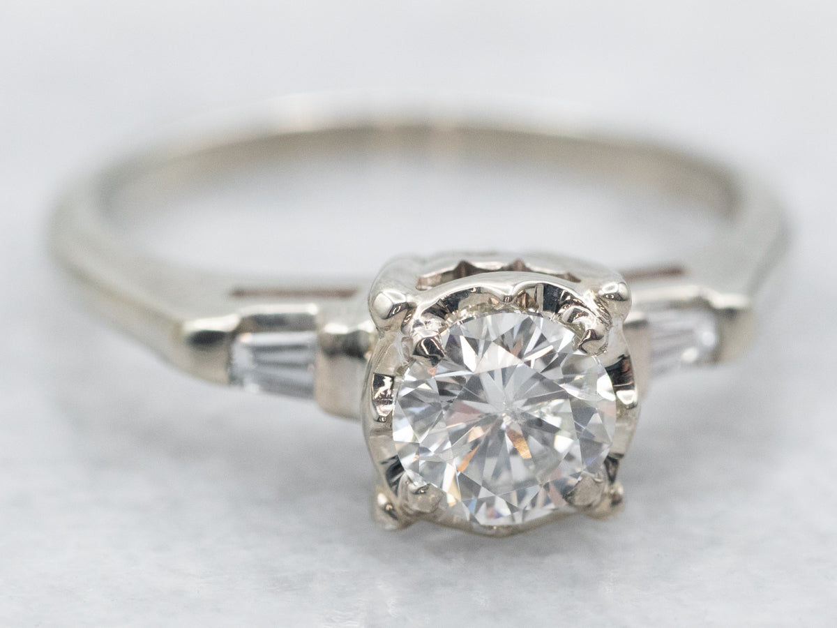 White Gold Diamond Engagement Ring with Baguette Cut Diamond Accents