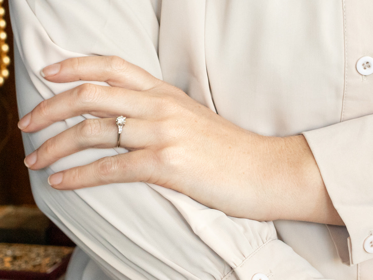 White Gold Diamond Engagement Ring with Baguette Cut Diamond Accents