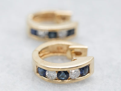 Yellow Gold Channel Set Diamond and Sapphire Huggie Hoop Earrings