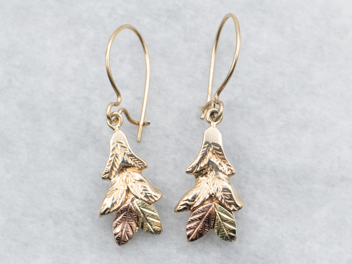 Tri Color Botanical Gold Drop Earrings