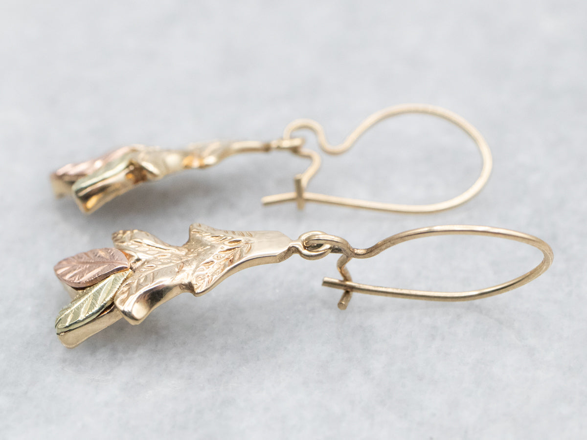 Tri Color Botanical Gold Drop Earrings