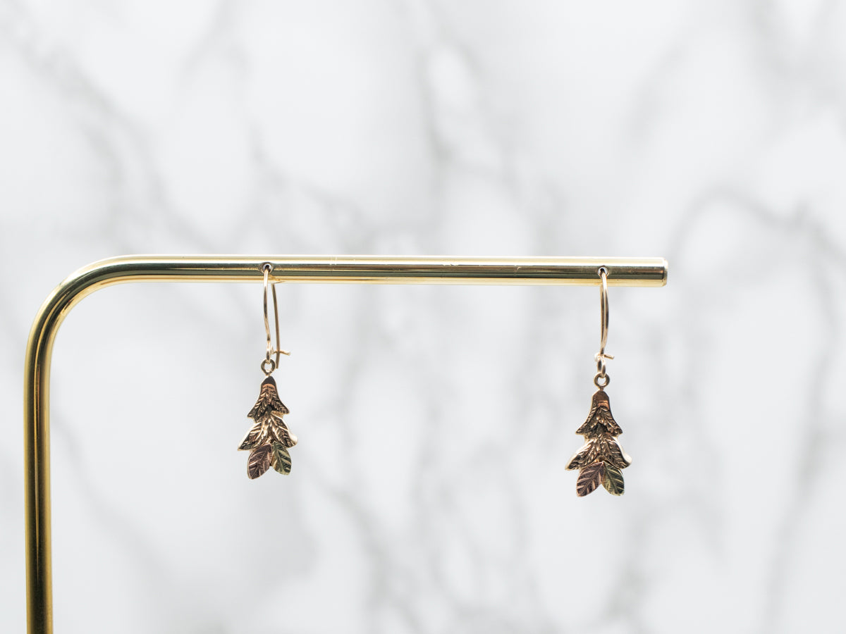 Tri Color Botanical Gold Drop Earrings