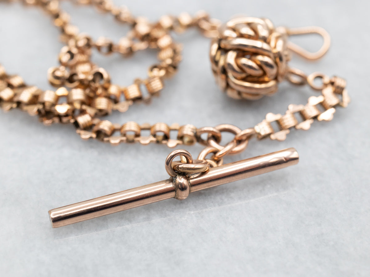 Victorian Rose Gold Watch Chain with T-Bar and Fob