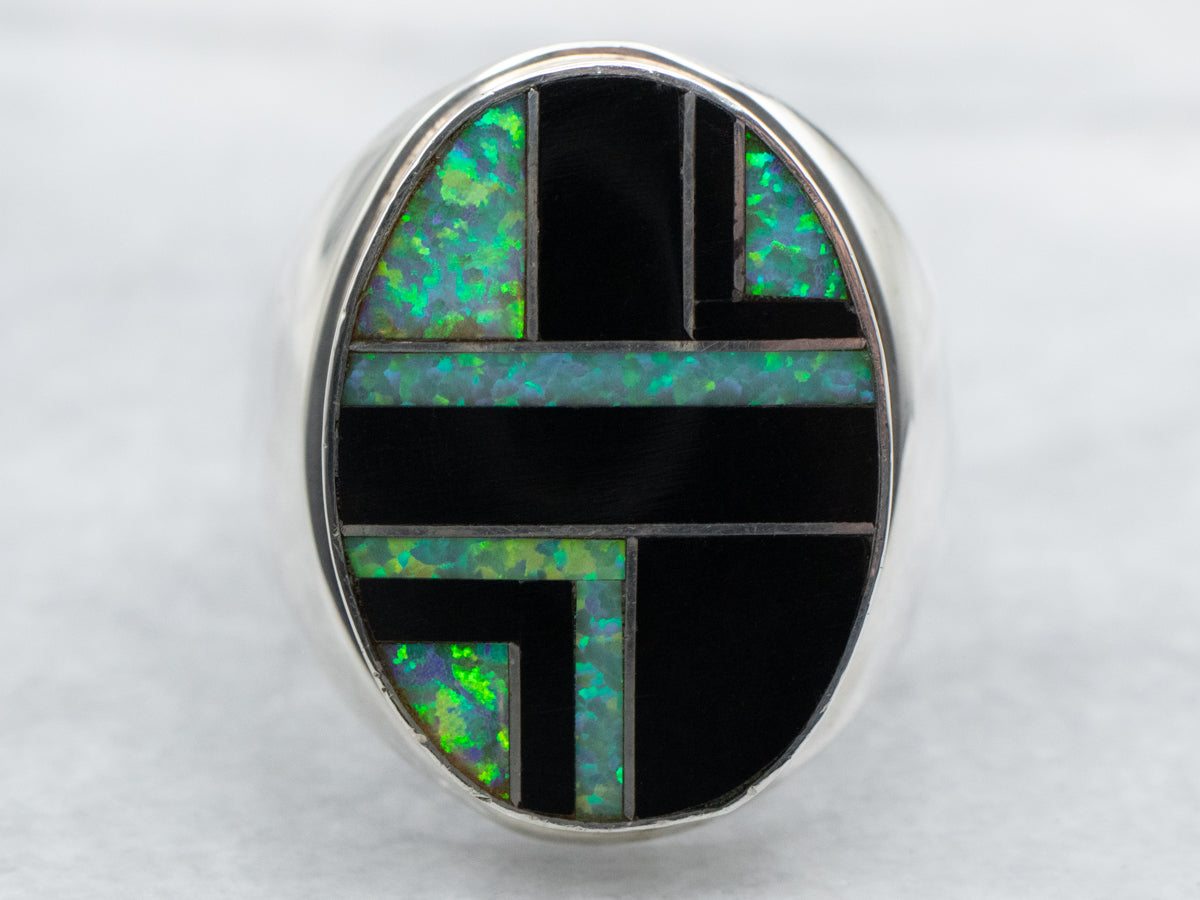 Navajo Elsie Yazzie Black Onyx and Synthetic Opal Intarsia Ring ...