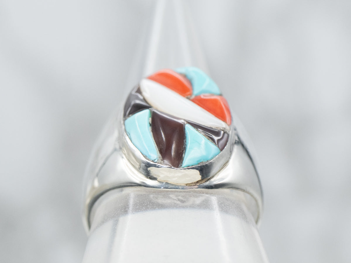 Zuni Turquoise, Mother of Pearl, and Coral Intarsia Ring