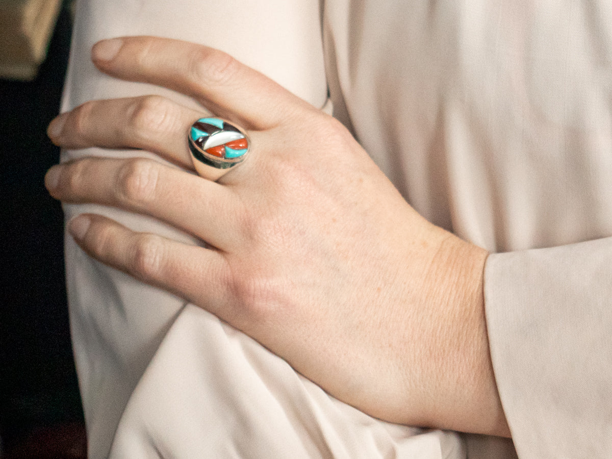 Zuni Turquoise, Mother of Pearl, and Coral Intarsia Ring