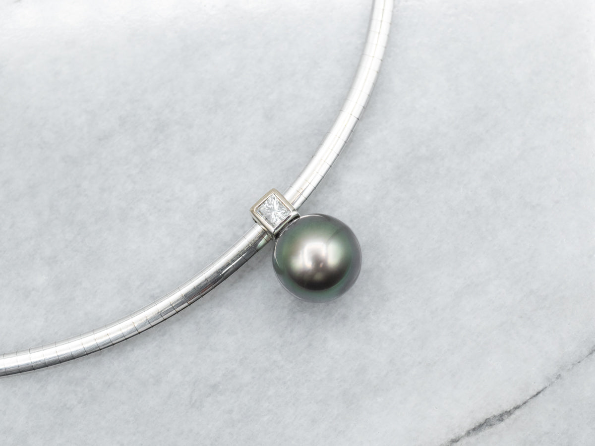 Modernist Black Pearl and Diamond Omega Necklace